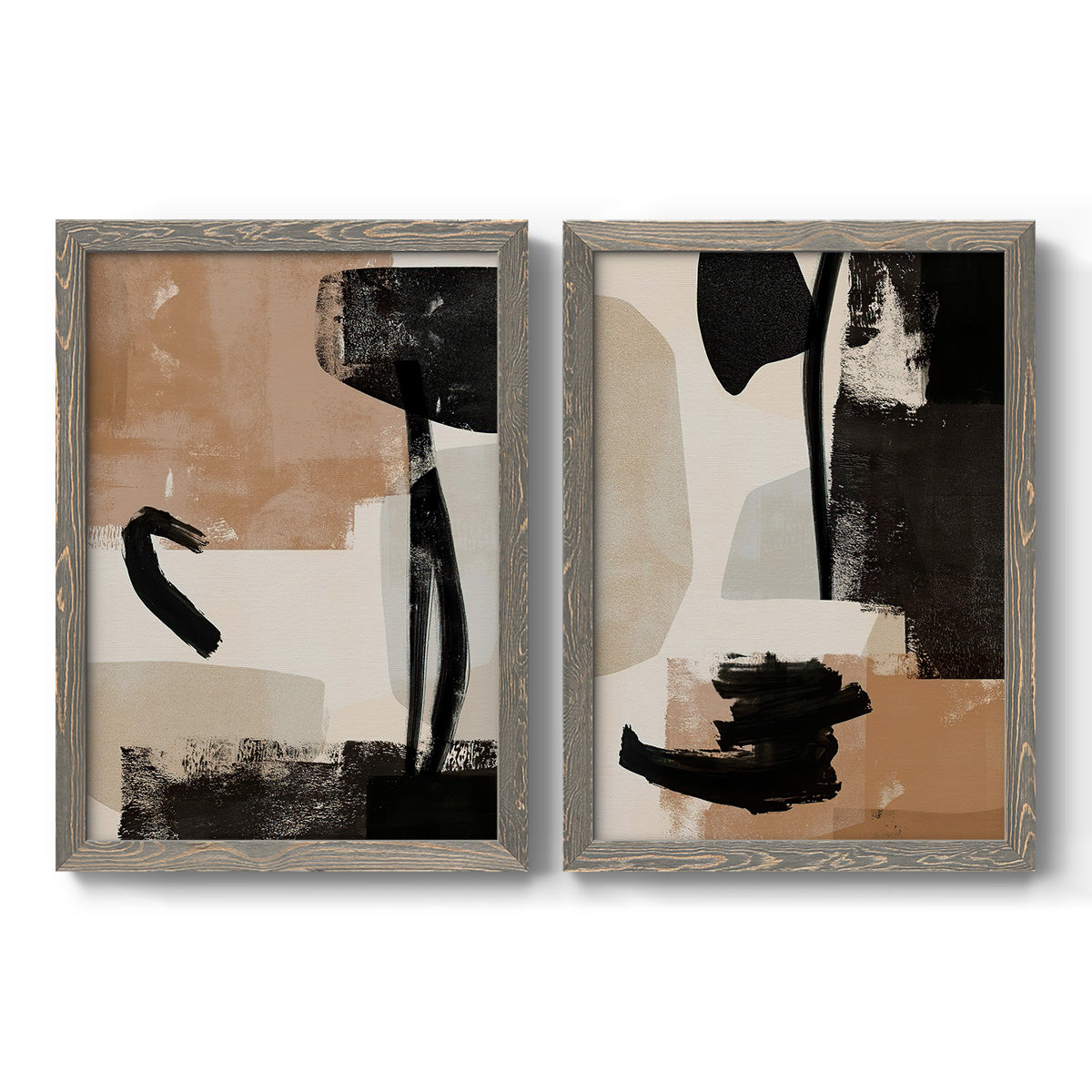 Set of two gray barnwood framed canvas prints featuring two minimalist collage-like abstracts featuring black taupe cream and beige painted forms.