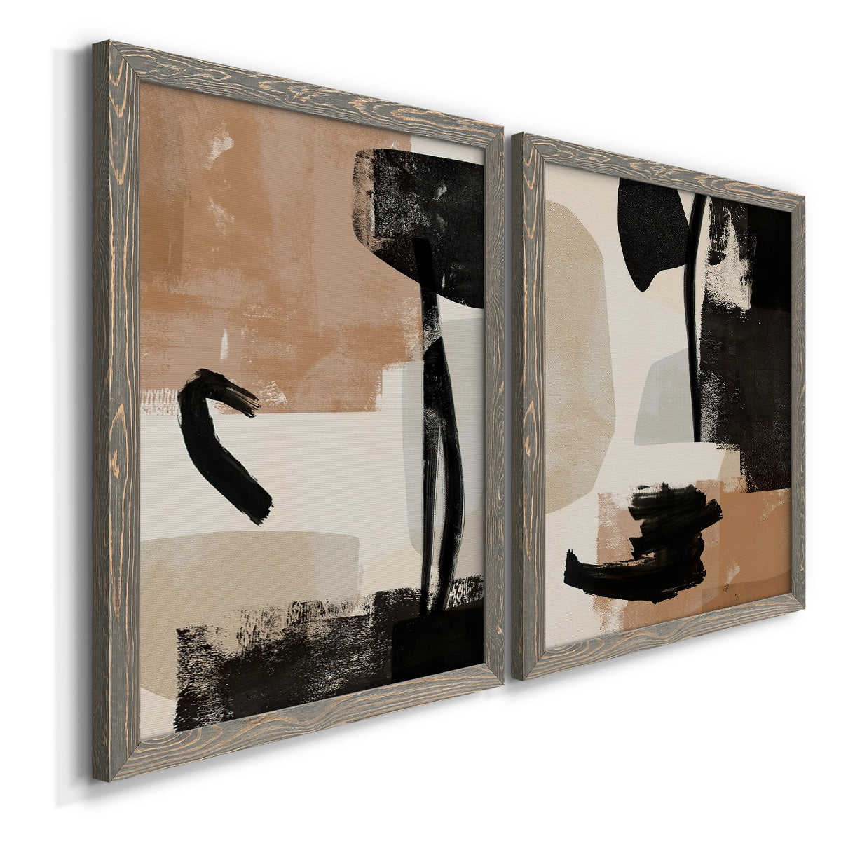 Angled view of a set of two gray barnwood framed canvas prints featuring two minimalist collage-like abstracts featuring black taupe cream and beige painted forms.