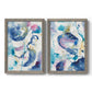 Set of two gray barnwood framed canvas prints featuring two colorful lyrical abstracts featuring lively blue pink violet and turquoise watercolor gestures.