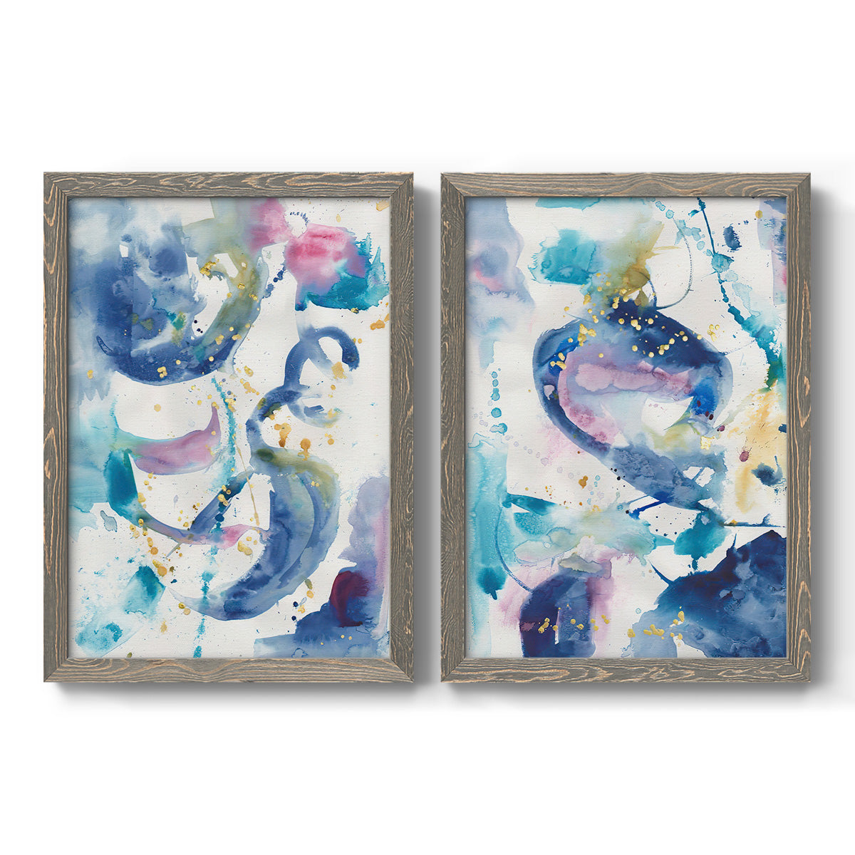 Set of two gray barnwood framed canvas prints featuring two colorful lyrical abstracts featuring lively blue pink violet and turquoise watercolor gestures.