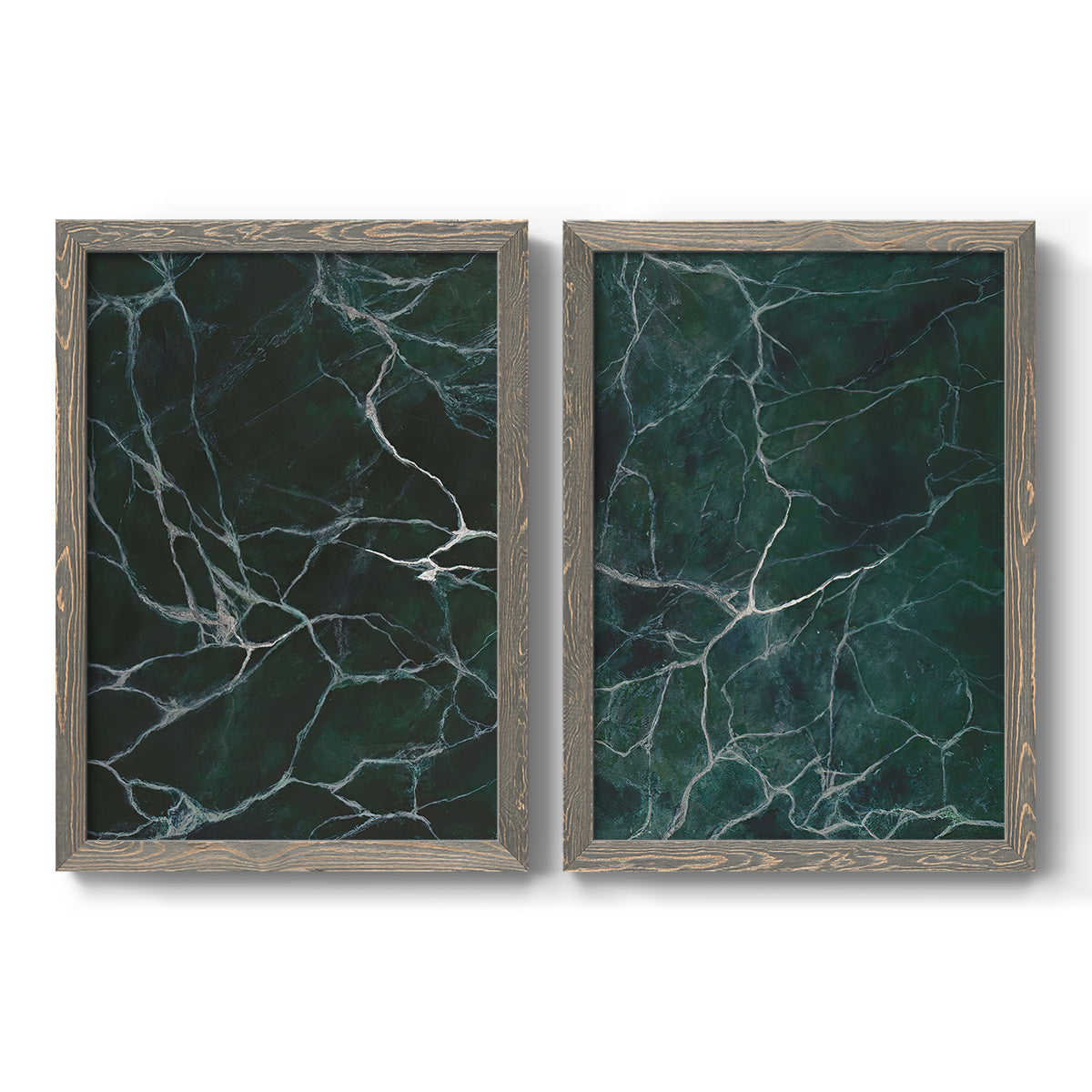 Set of two gray barnwood framed canvas prints featuring two dramatic stone-inspired abstracts featuring dark green marble veining.