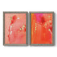 Set of two gray barnwood framed canvas prints featuring two glamorous fluid abstracts featuring luminous coral orange and pink color fields with gold flecks.