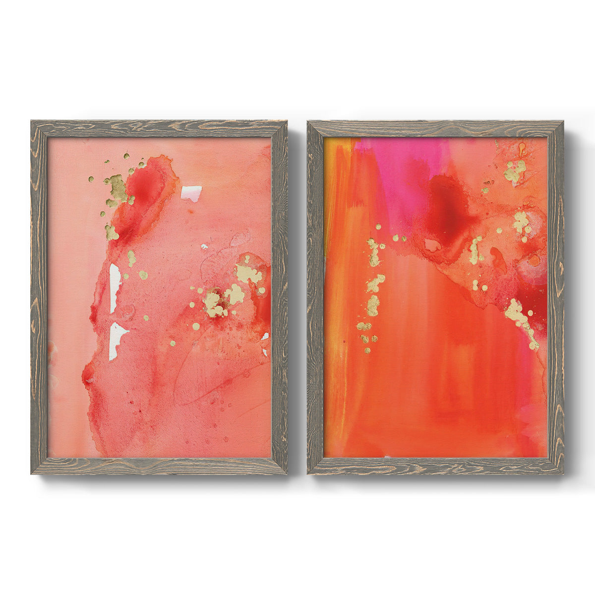 Set of two gray barnwood framed canvas prints featuring two glamorous fluid abstracts featuring luminous coral orange and pink color fields with gold flecks.