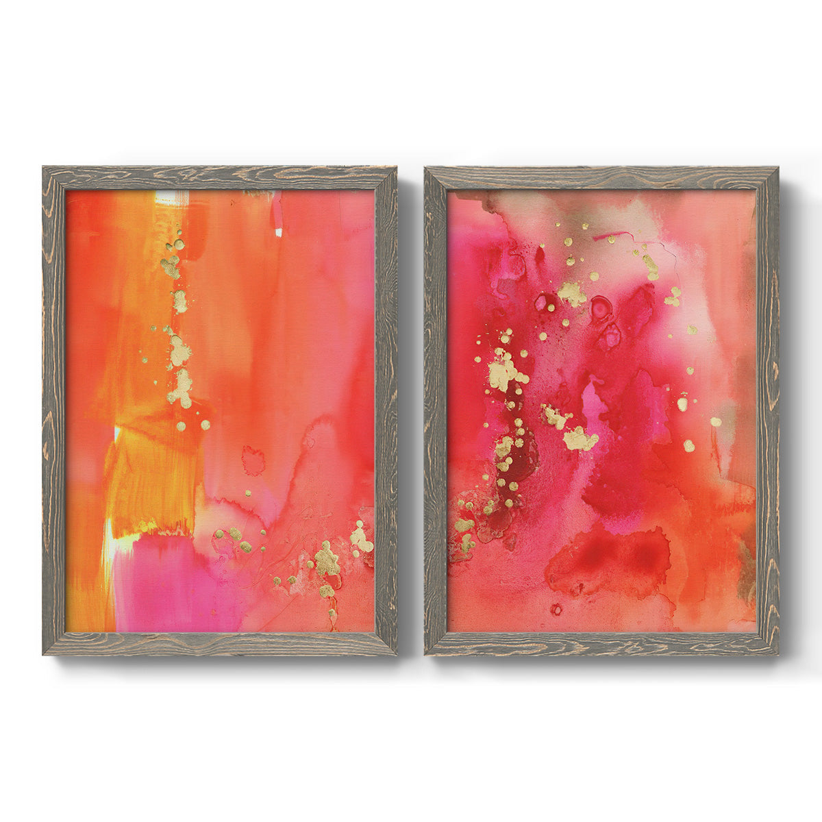 Set of two gray barnwood framed canvas prints featuring two glamorous fluid abstracts featuring luminous coral orange and pink color fields with gold flecks.