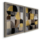 Angled view of a set of two gray barnwood framed canvas prints featuring two structured modern abstracts featuring interlocking black gray cream and gold geometric sections.