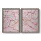 Set of two gray barnwood framed canvas prints featuring two soft stone-inspired abstracts featuring pink marble veining with fine gold lines.