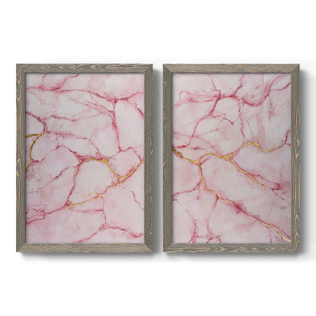 Set of two gray barnwood framed canvas prints featuring two soft stone-inspired abstracts featuring pink marble veining with fine gold lines.