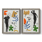 Set of two gray barnwood framed canvas prints featuring two graphic figurative collages of women with bold botanical shapes stars and abstract symbols.