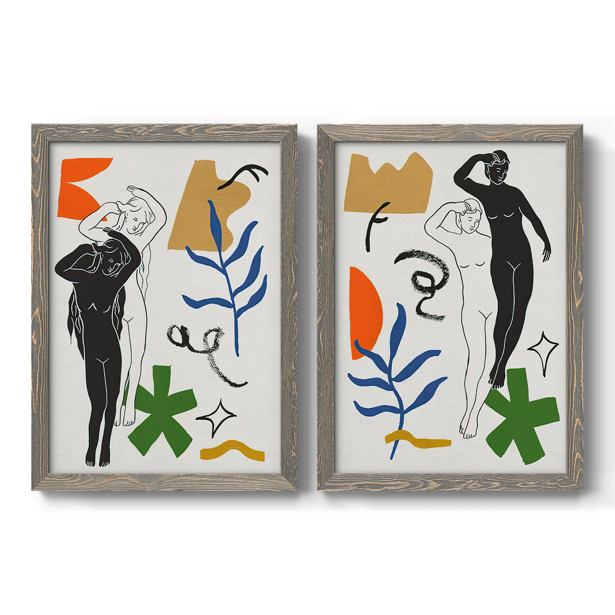 Set of two gray barnwood framed canvas prints featuring two graphic figurative collages of women with bold botanical shapes stars and abstract symbols.
