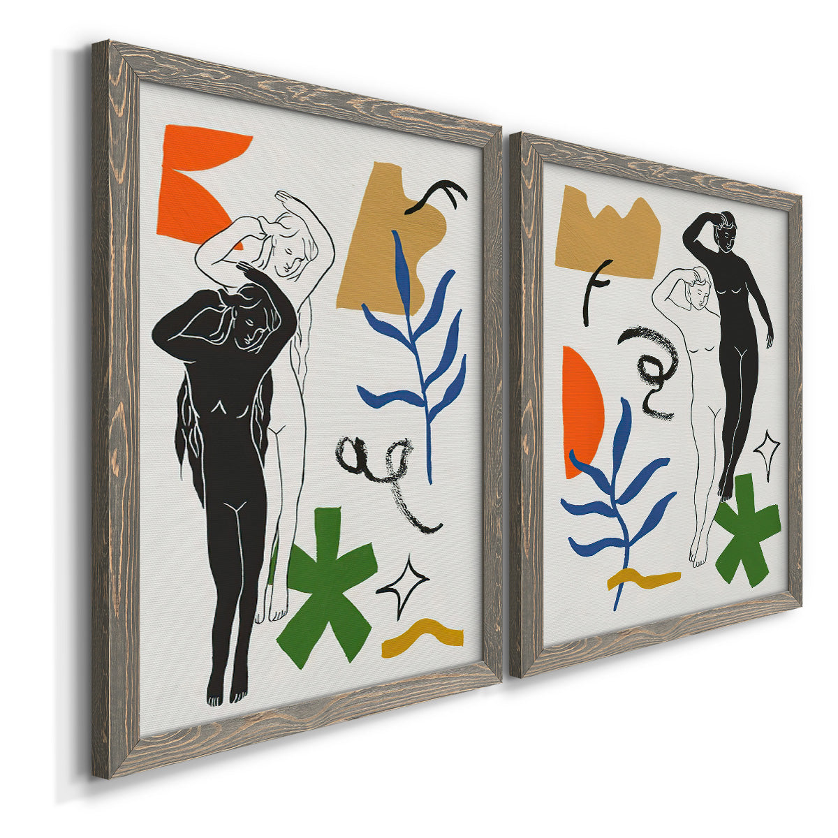 Angled view of a set of two gray barnwood framed canvas prints featuring two graphic figurative collages of women with bold botanical shapes stars and abstract symbols.