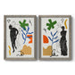 Set of two gray barnwood framed canvas prints featuring two graphic figurative collages featuring stylized female figures surrounded by botanical and geometric symbols.