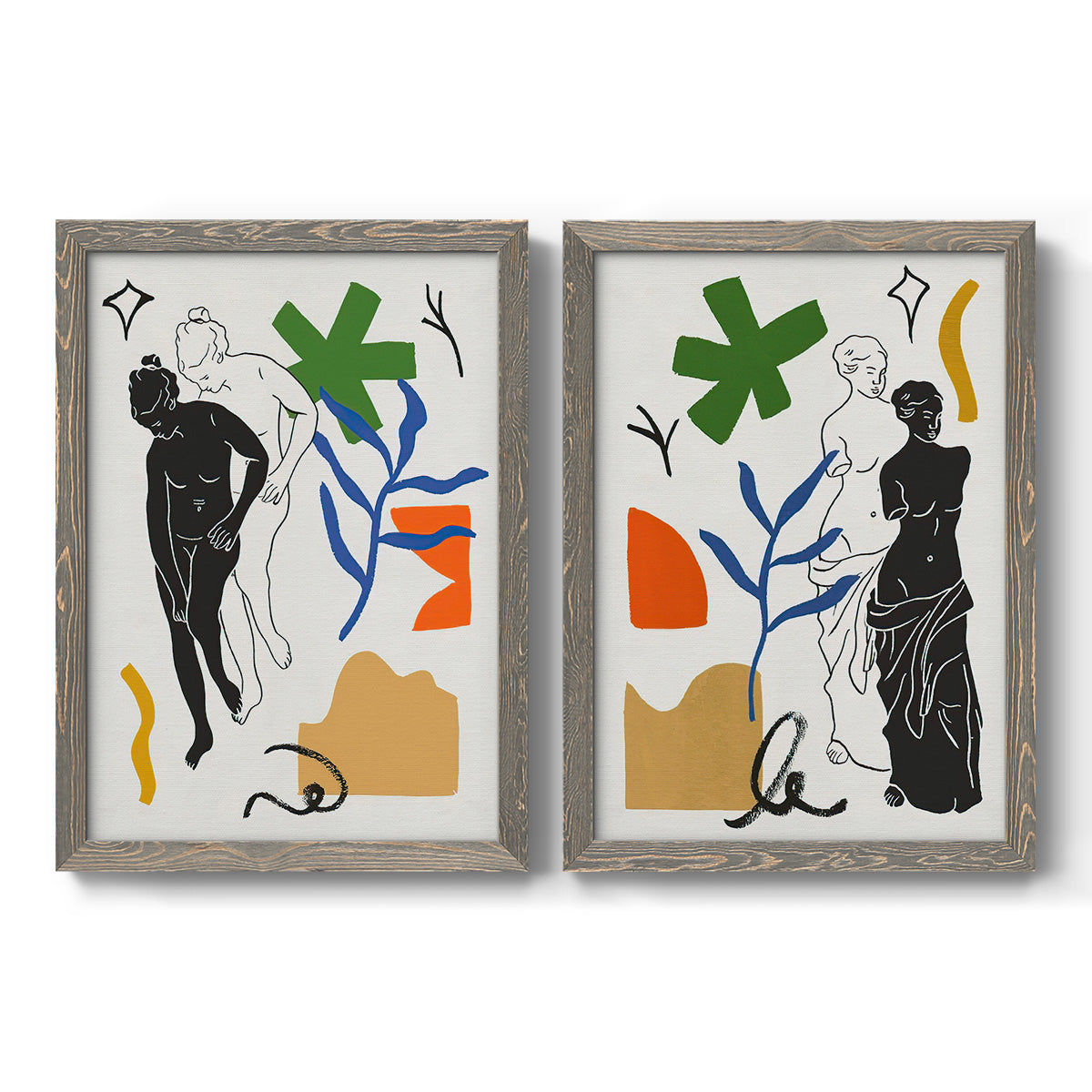 Set of two gray barnwood framed canvas prints featuring two graphic figurative collages featuring stylized female figures surrounded by botanical and geometric symbols.