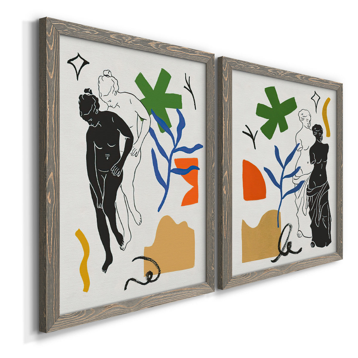 Angled view of a set of two gray barnwood framed canvas prints featuring two graphic figurative collages featuring stylized female figures surrounded by botanical and geometric symbols.