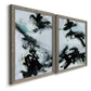 Angled view of a set of two gray barnwood framed canvas prints featuring two gestural ocean-inspired abstracts featuring sweeping black brushstrokes over pale blue-gray fields.