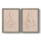 Set of two gray barnwood framed canvas prints featuring two minimalist figurative sketches featuring seated female figures drawn with single flowing lines.