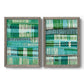 Set of two gray barnwood framed canvas prints featuring two graphic woven-pattern abstracts featuring dense rows of teal black and white linear marks.