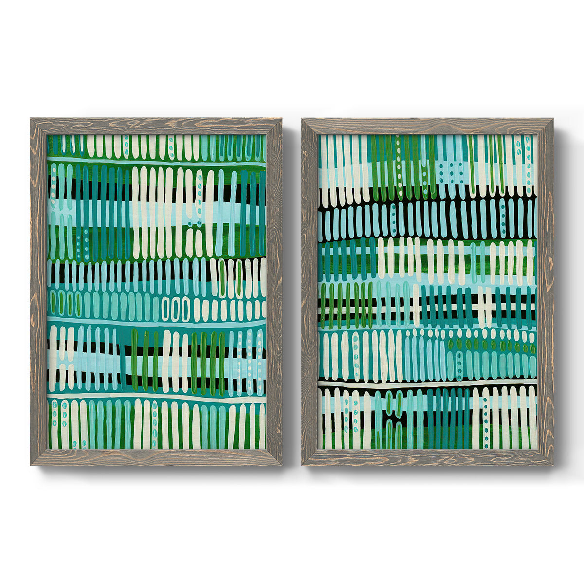 Set of two gray barnwood framed canvas prints featuring two graphic woven-pattern abstracts featuring dense rows of teal black and white linear marks.