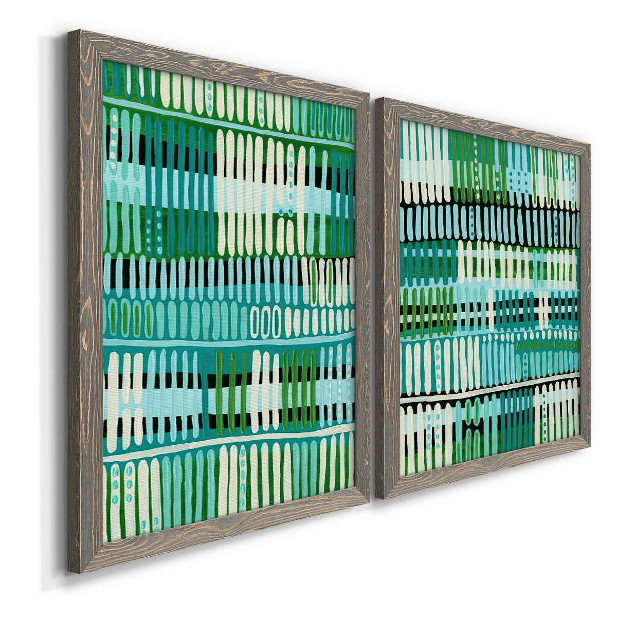 Angled view of a set of two gray barnwood framed canvas prints featuring two graphic woven-pattern abstracts featuring dense rows of teal black and white linear marks.