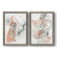 Set of two gray barnwood framed canvas prints featuring two abstract watercolor botanicals featuring loose blush gray and coral floral gestures.
