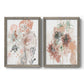 Set of two gray barnwood framed canvas prints featuring two abstract watercolor botanicals featuring loose blush gray and coral floral gestures.