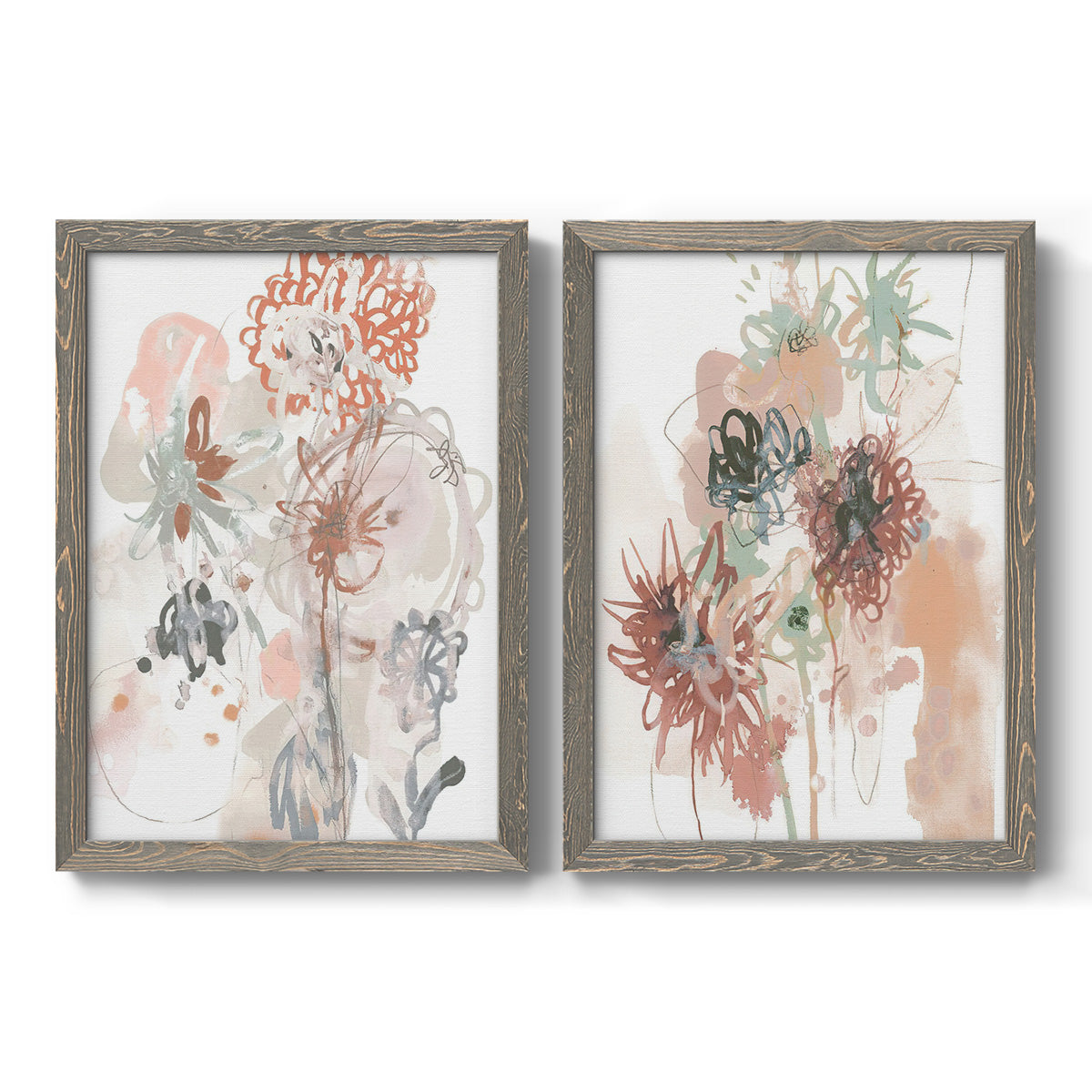 Set of two gray barnwood framed canvas prints featuring two abstract watercolor botanicals featuring loose blush gray and coral floral gestures.