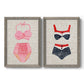 Set of two gray barnwood framed canvas prints featuring two vintage fashion illustrations featuring retro two-piece swimsuits displayed on textured linen grounds.