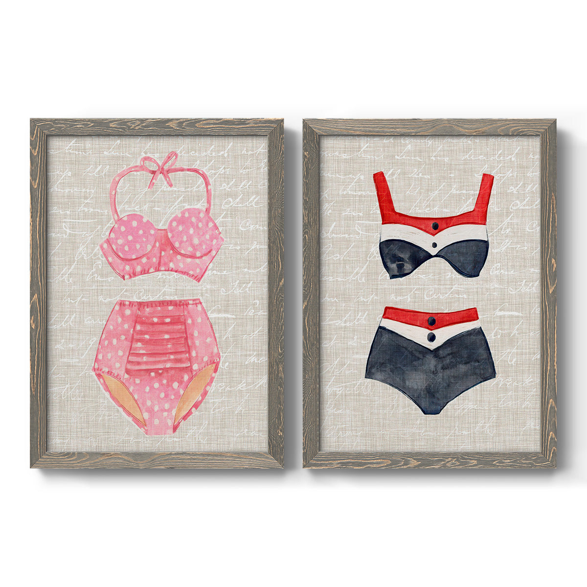 Set of two gray barnwood framed canvas prints featuring two vintage fashion illustrations featuring retro two-piece swimsuits displayed on textured linen grounds.