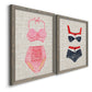 Angled view of a set of two gray barnwood framed canvas prints featuring two vintage fashion illustrations featuring retro two-piece swimsuits displayed on textured linen grounds.