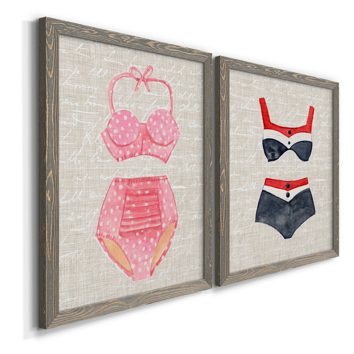 Angled view of a set of two gray barnwood framed canvas prints featuring two vintage fashion illustrations featuring retro two-piece swimsuits displayed on textured linen grounds.