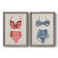 Set of two gray barnwood framed canvas prints featuring two vintage fashion illustrations featuring retro two-piece swimsuits displayed on textured linen grounds.
