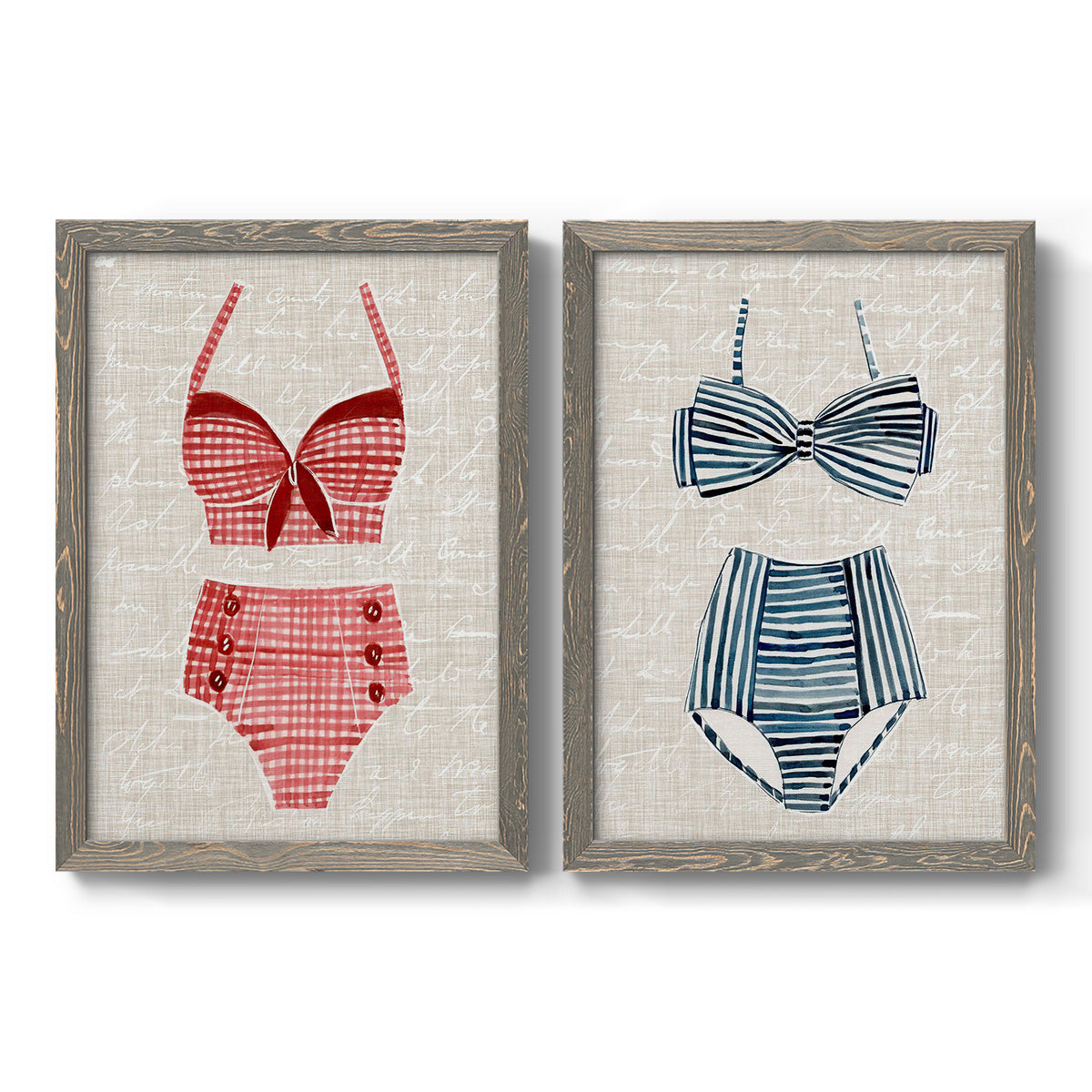 Set of two gray barnwood framed canvas prints featuring two vintage fashion illustrations featuring retro two-piece swimsuits displayed on textured linen grounds.