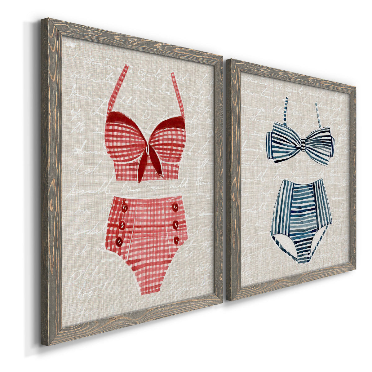Angled view of a set of two gray barnwood framed canvas prints featuring two vintage fashion illustrations featuring retro two-piece swimsuits displayed on textured linen grounds.