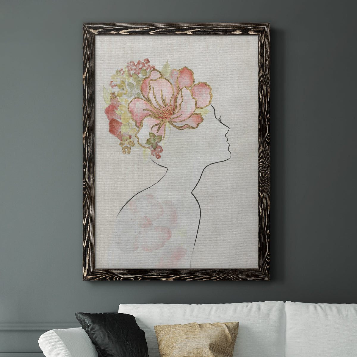 Fashion Floral Silhouette I - Barnwood Framed Canvas Print