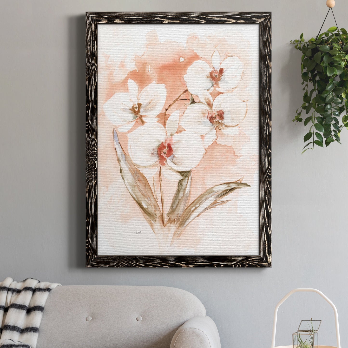 White and Coral Orchid I - Barnwood Framed Canvas Print
