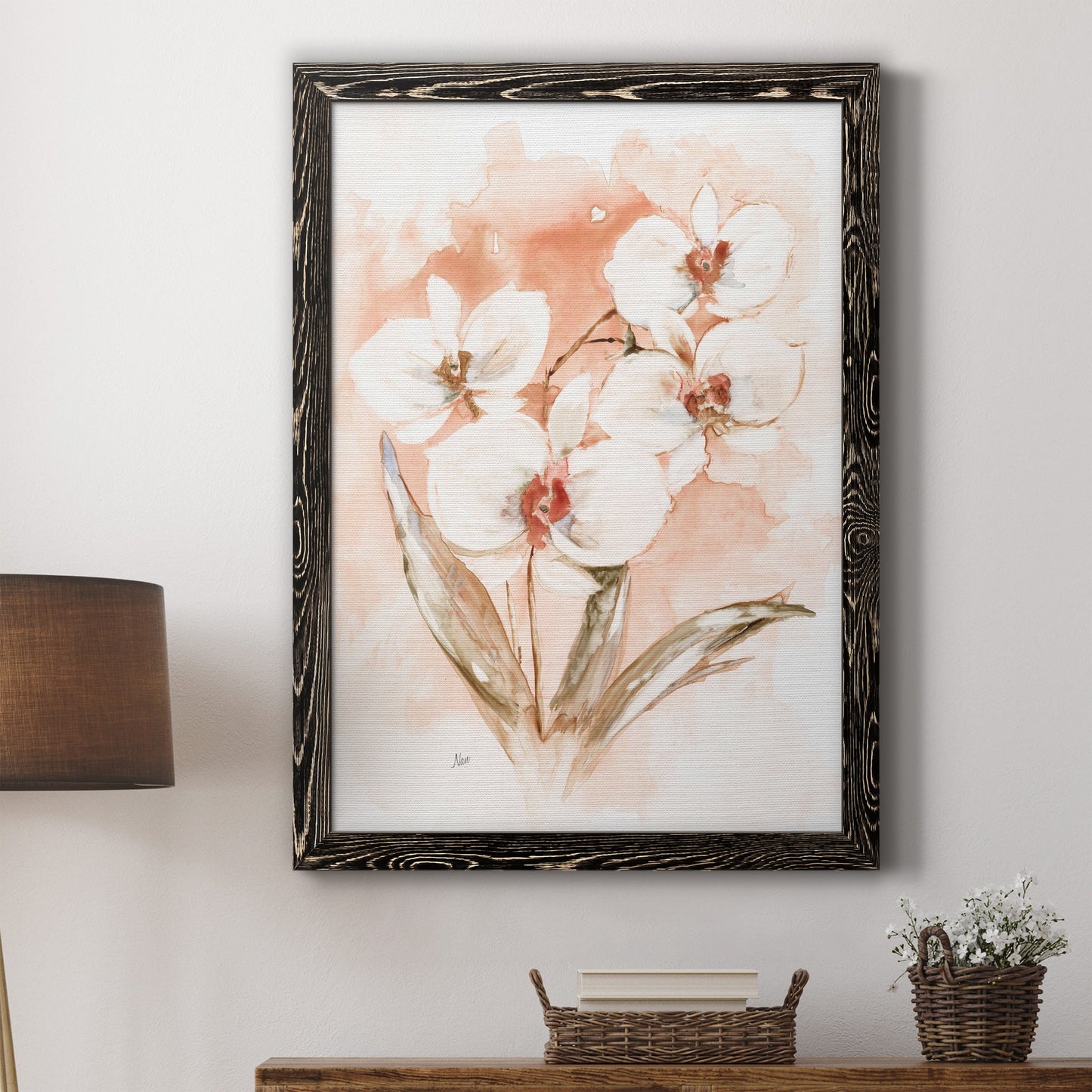 White and Coral Orchid I - Barnwood Framed Canvas Print