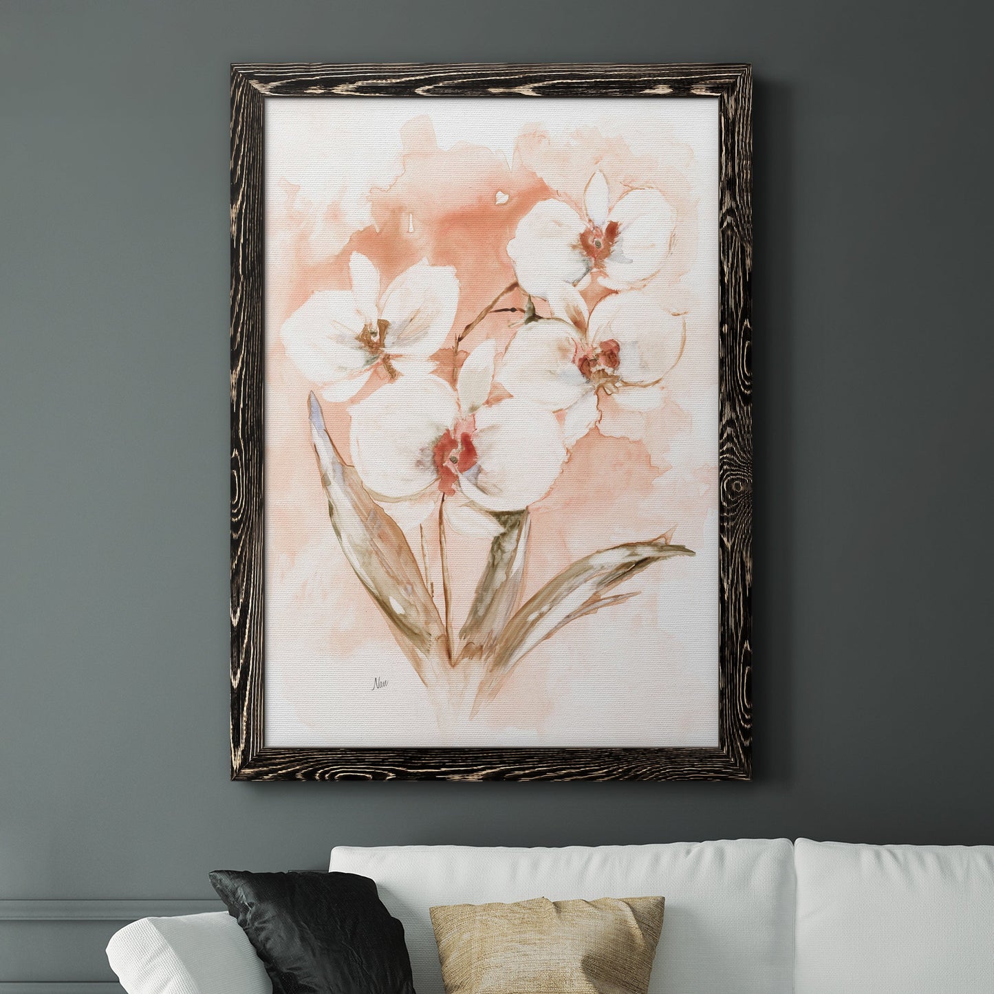White and Coral Orchid I - Barnwood Framed Canvas Print