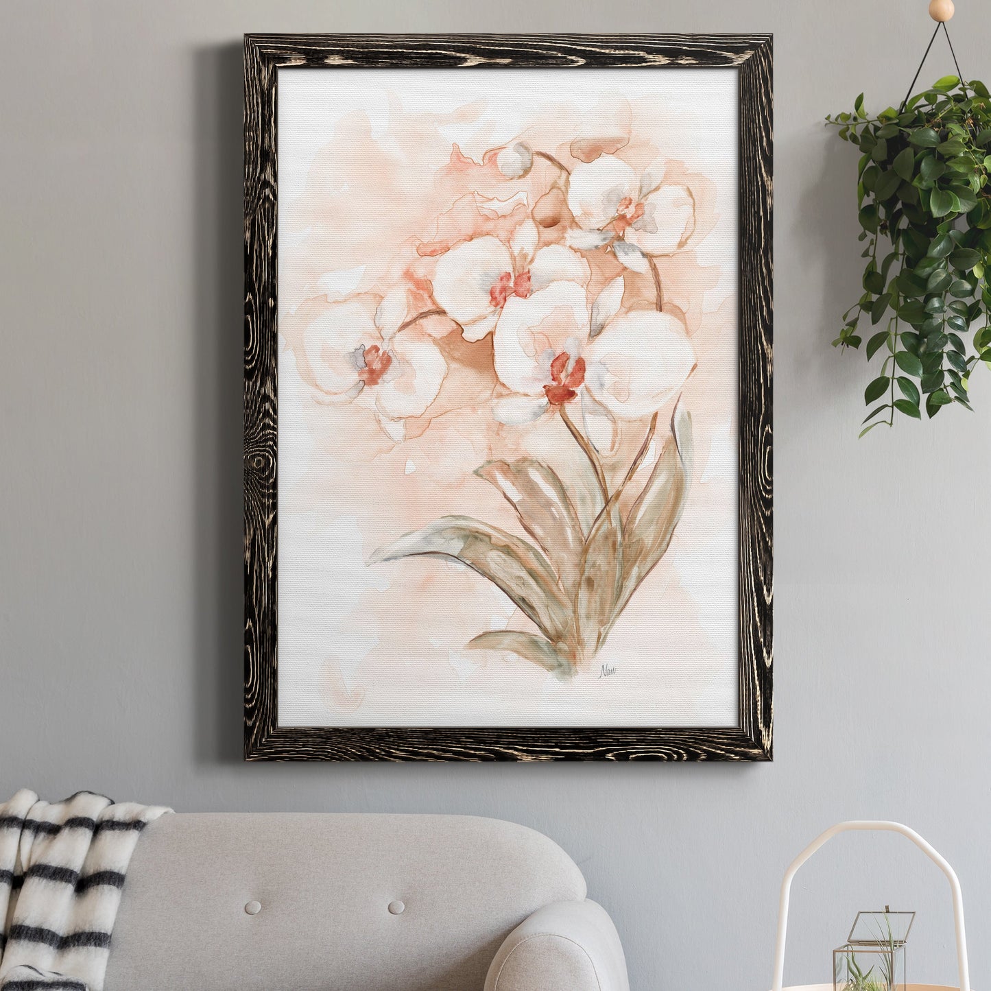 White and Coral Orchid II - Barnwood Framed Canvas Print