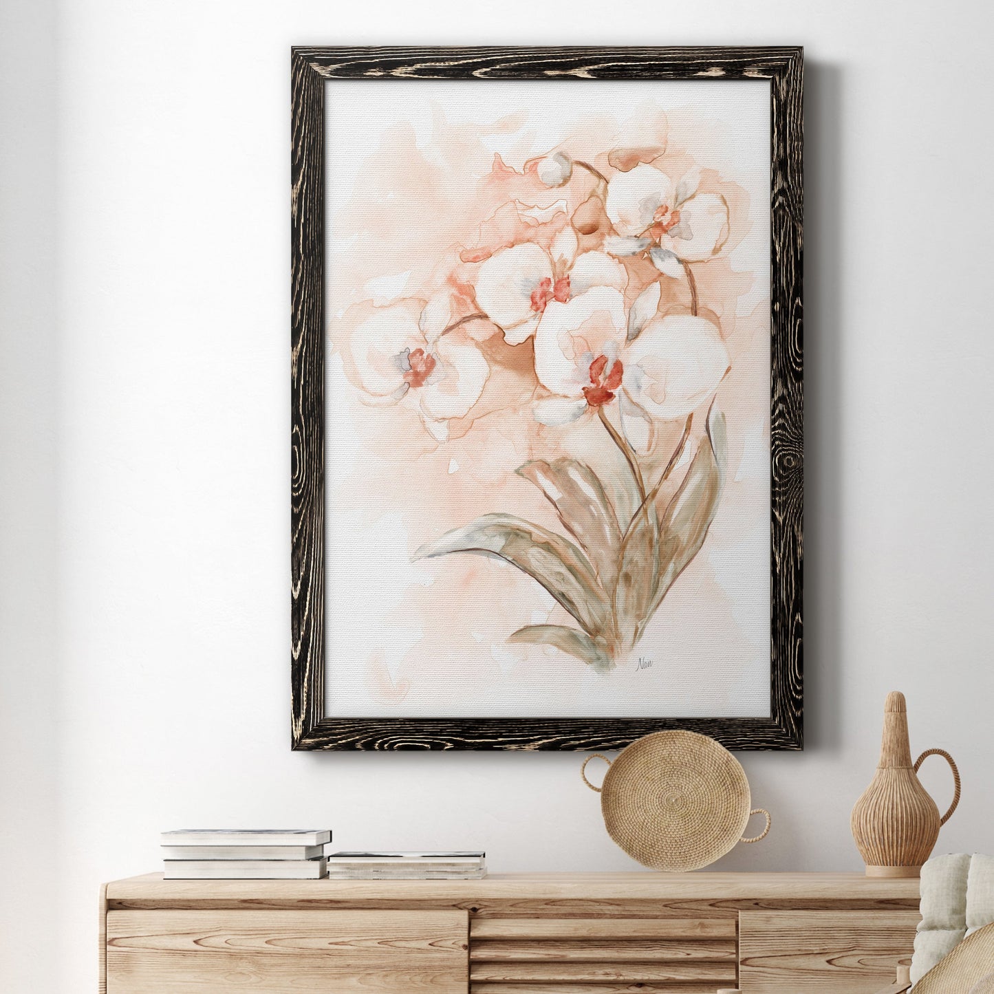 White and Coral Orchid II - Barnwood Framed Canvas Print