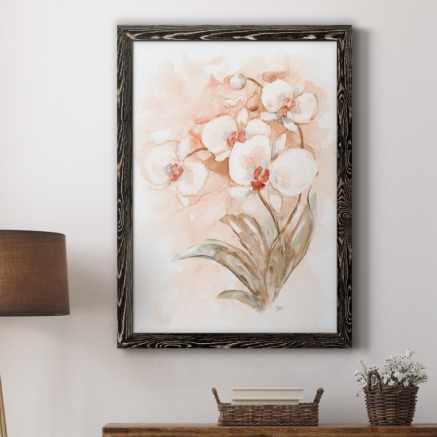 White and Coral Orchid II - Barnwood Framed Canvas Print