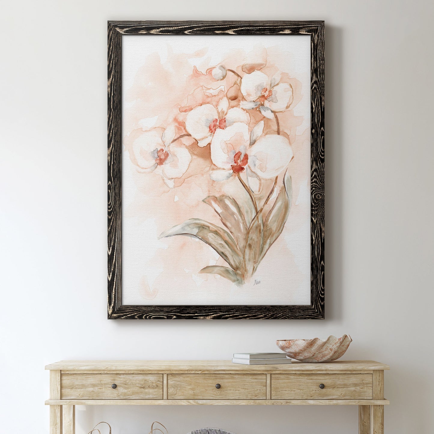 White and Coral Orchid II - Barnwood Framed Canvas Print