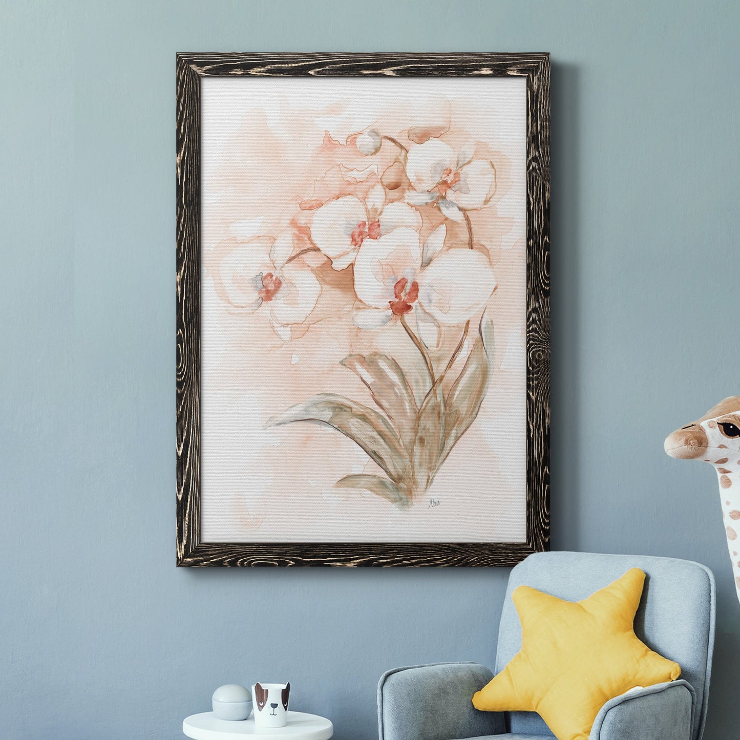 White and Coral Orchid II - Barnwood Framed Canvas Print
