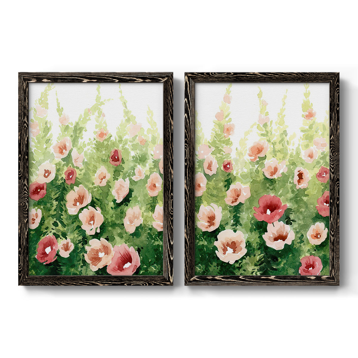 Set of two black barnwood framed canvas prints featuring two luminous impressionistic floral paintings featuring a field of pink coral and white flowers.