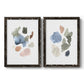 Set of two black barnwood framed canvas prints featuring two airy minimalist abstracts featuring scattered translucent watercolor shapes.
