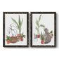 Set of two black barnwood framed canvas prints featuring two whimsical botanical animal illustrations featuring cats tucked among collections of potted houseplants.
