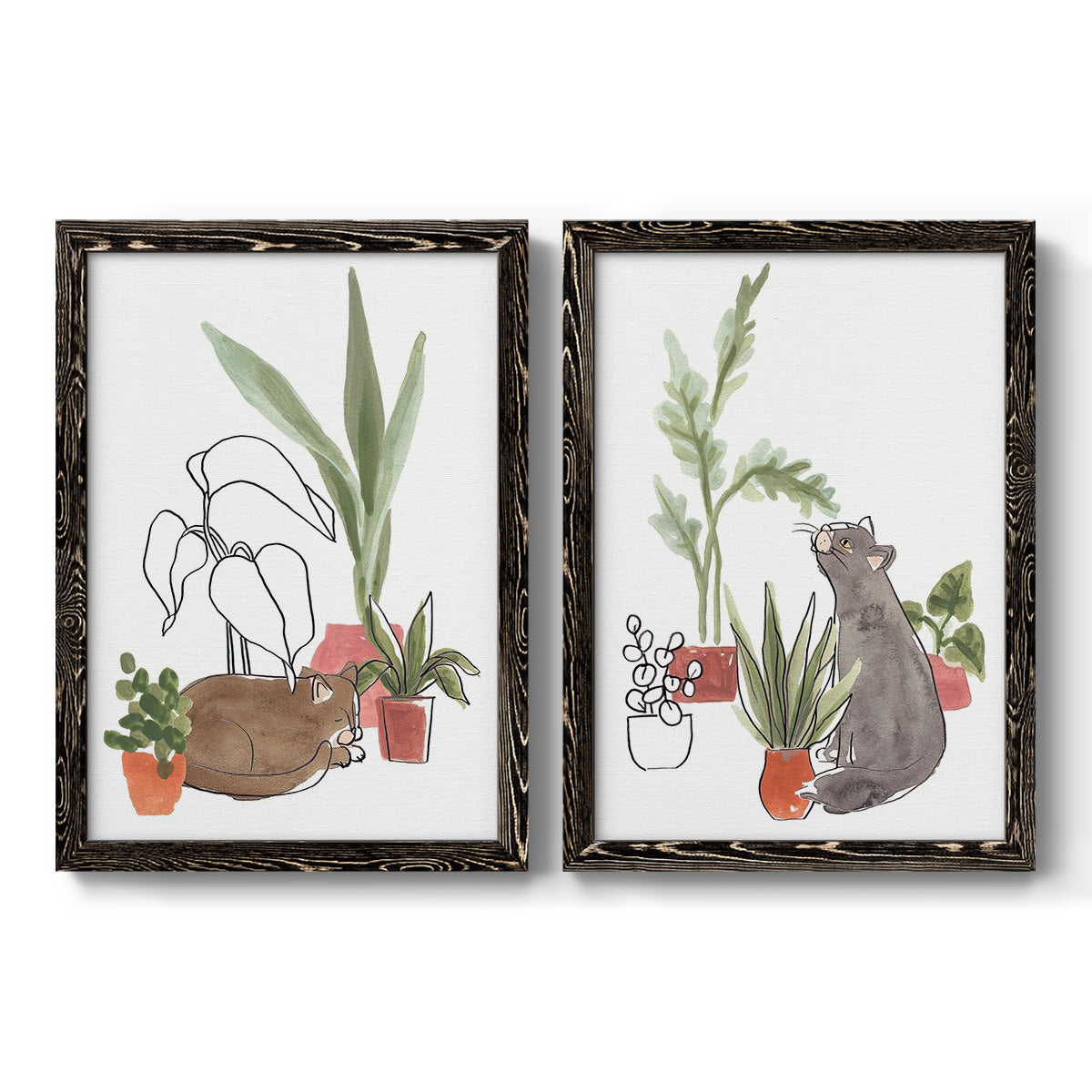 Set of two black barnwood framed canvas prints featuring two whimsical botanical animal illustrations featuring cats tucked among collections of potted houseplants.