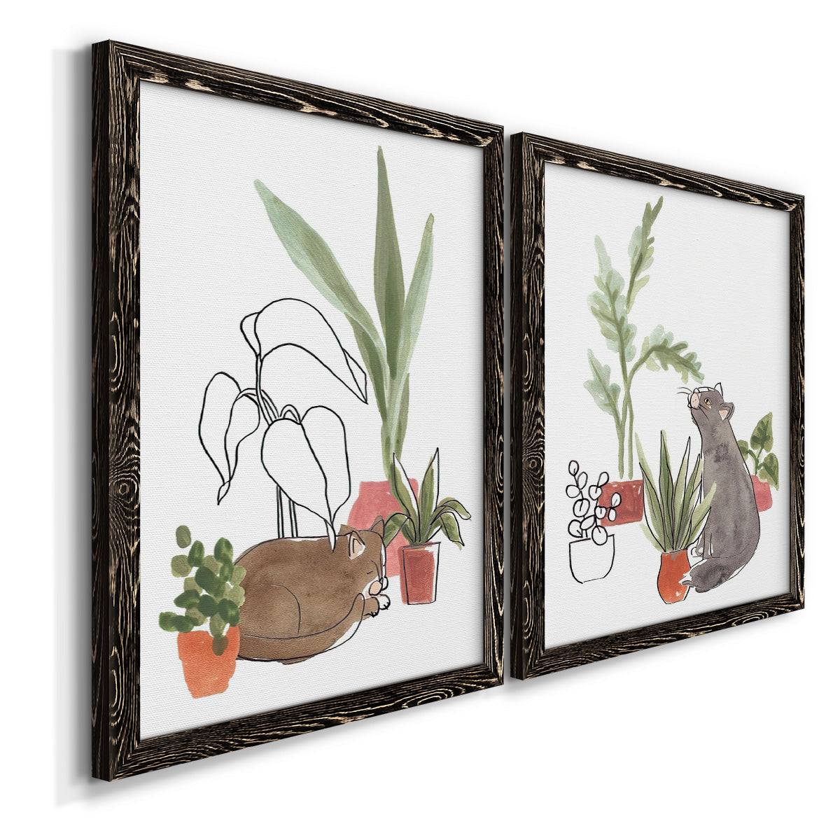 Angled view of a set of two black barnwood framed canvas prints featuring two whimsical botanical animal illustrations featuring cats tucked among collections of potted houseplants.