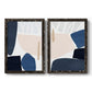 Set of two black barnwood framed canvas prints featuring two minimalist color-block abstracts featuring large navy cream and beige organic geometric shapes.