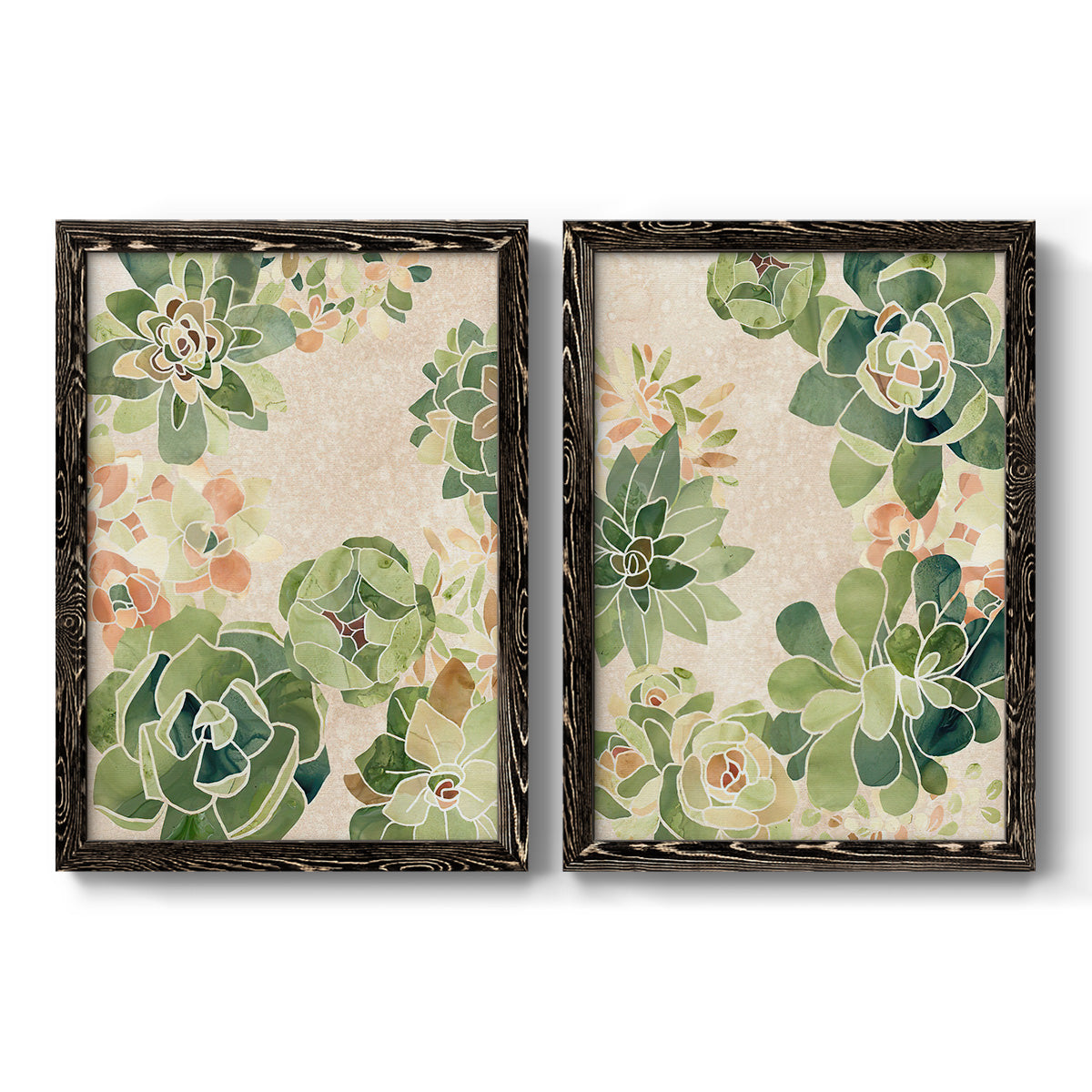 Set of two black barnwood framed canvas prints featuring two decorative botanical pattern prints featuring dense repeating succulents and small flowers.
