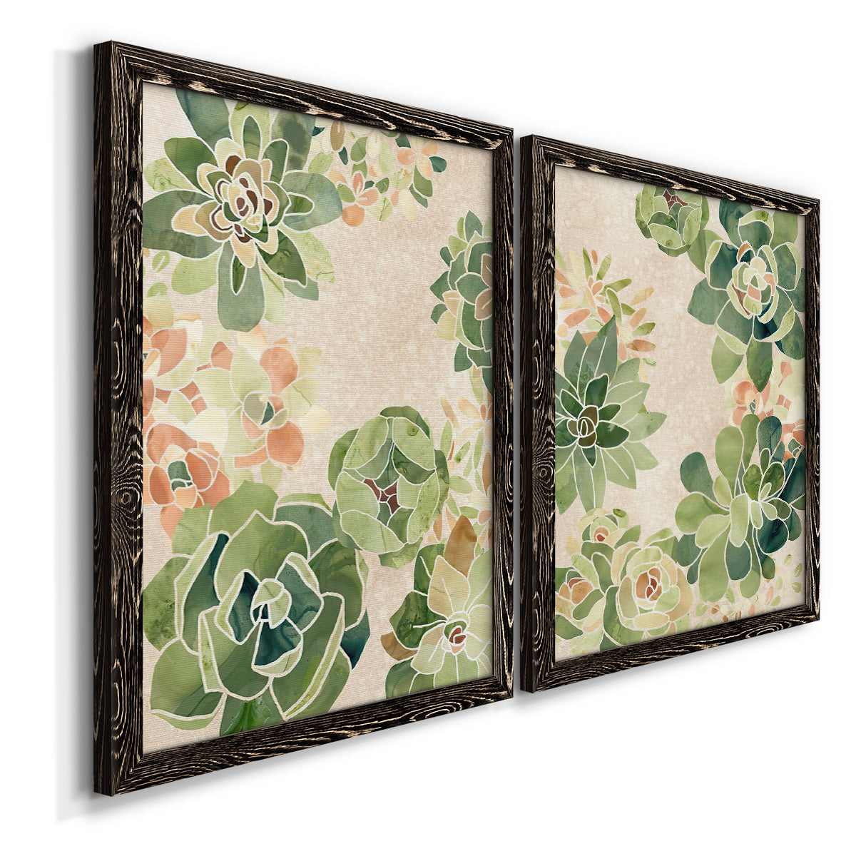 Angled view of a set of two black barnwood framed canvas prints featuring two decorative botanical pattern prints featuring dense repeating succulents and small flowers.