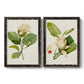 Set of two black barnwood framed canvas prints featuring two traditional botanical paintings featuring white magnolia blossoms and glossy green leaves.